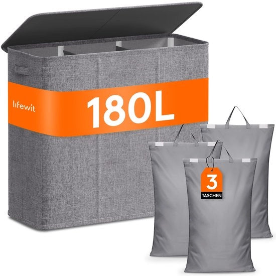 Wassistema 180L con 3 compartimenti, lavanderia con coperchio, grande lavanderia con 3 sacchi lavabili, lavanderie con maniglie, lavanderie, separatore di lavaggio, grigio chiaro