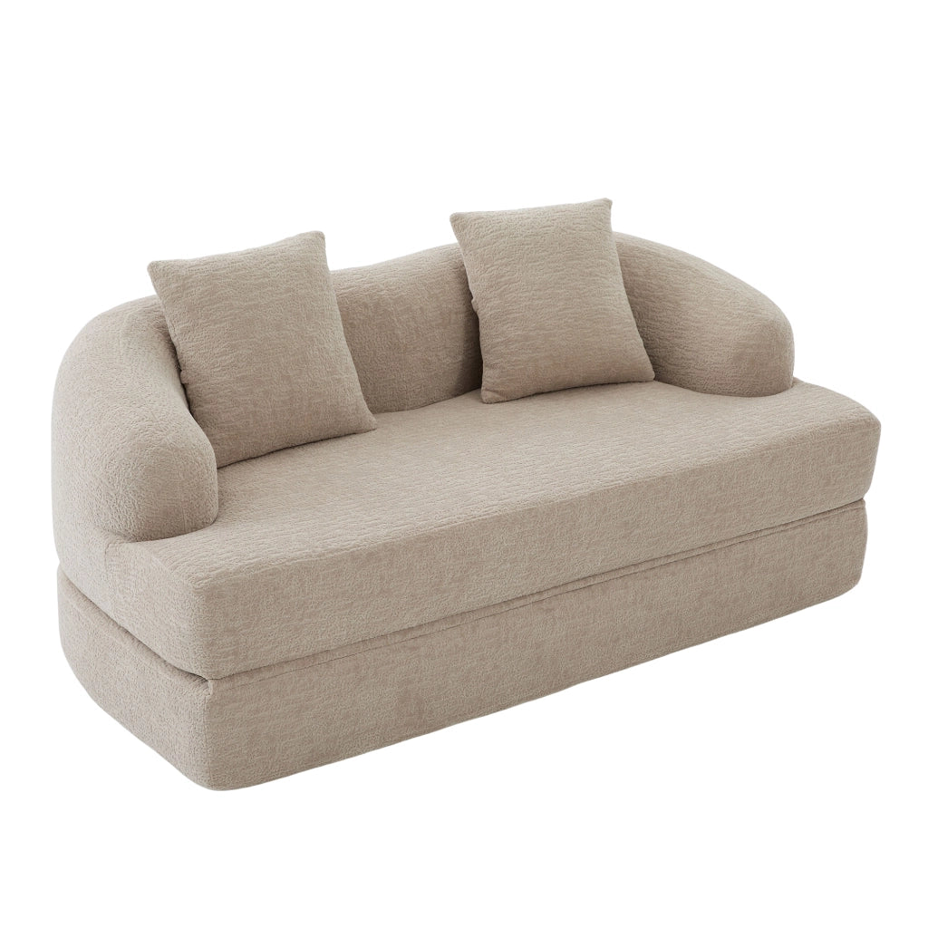 Divano letto 2 posti pieghevole in chenille color khaki, con 2 cuscini schienale, salvaspazio