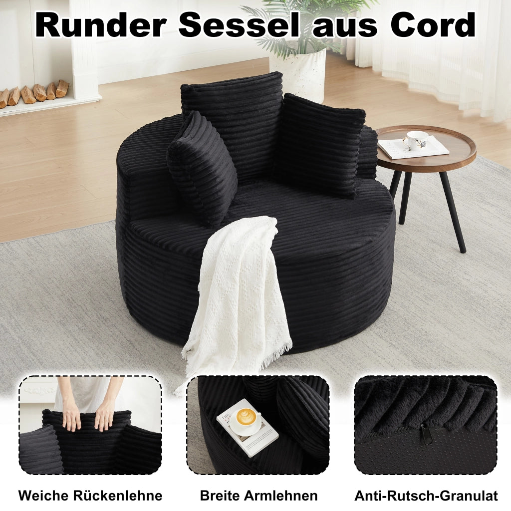 Fauteuil lounge rotondo con braccioli larghi e 3 cuscini, in velluto a coste e schiuma con molle nero 110 cm