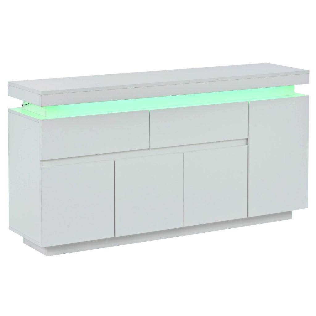 Madia ULEVR 140x35x72,5 cm con 4 ante, 2 cassetti, LED e USB, bianco lucido