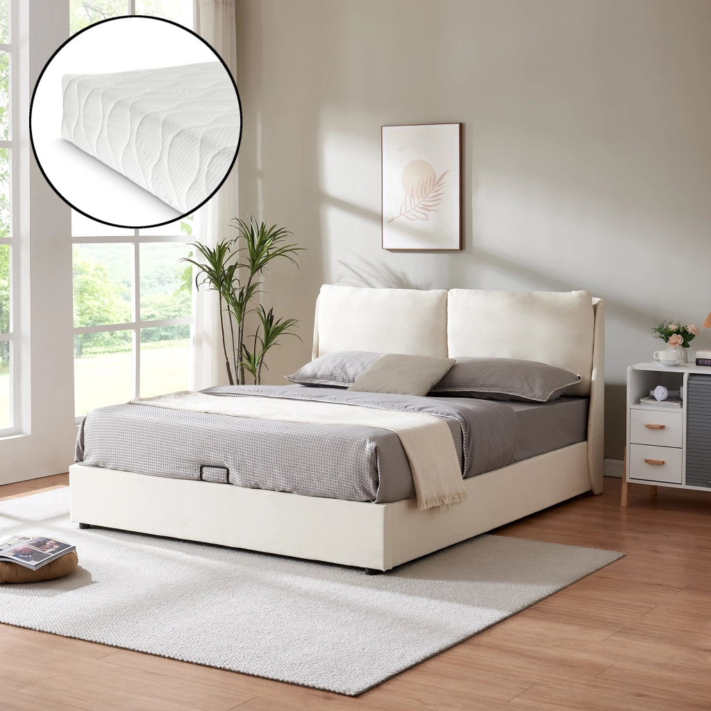 Letto Francese Lunner con Contenitore Testiera Imbottita e Materasso 140 x 200 cm - Beige [en.casa]