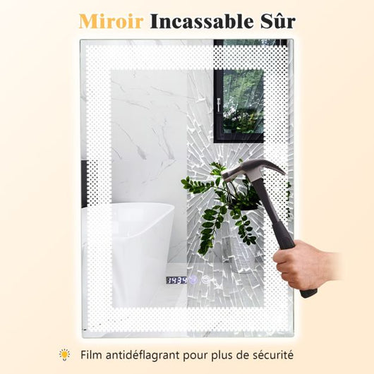 Specchio da parete per bagno a LED con memoria di luminosità regolabile in 3 colori e funzione antiappannante, interruttore tattile e display della temperatura e dell'ora 20_0005058