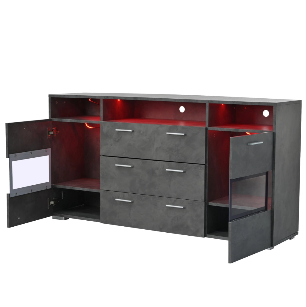Sideboard grigio 140 cm con LED; 2 ante in acrilico; 3 cassetti e 3 vani aperti