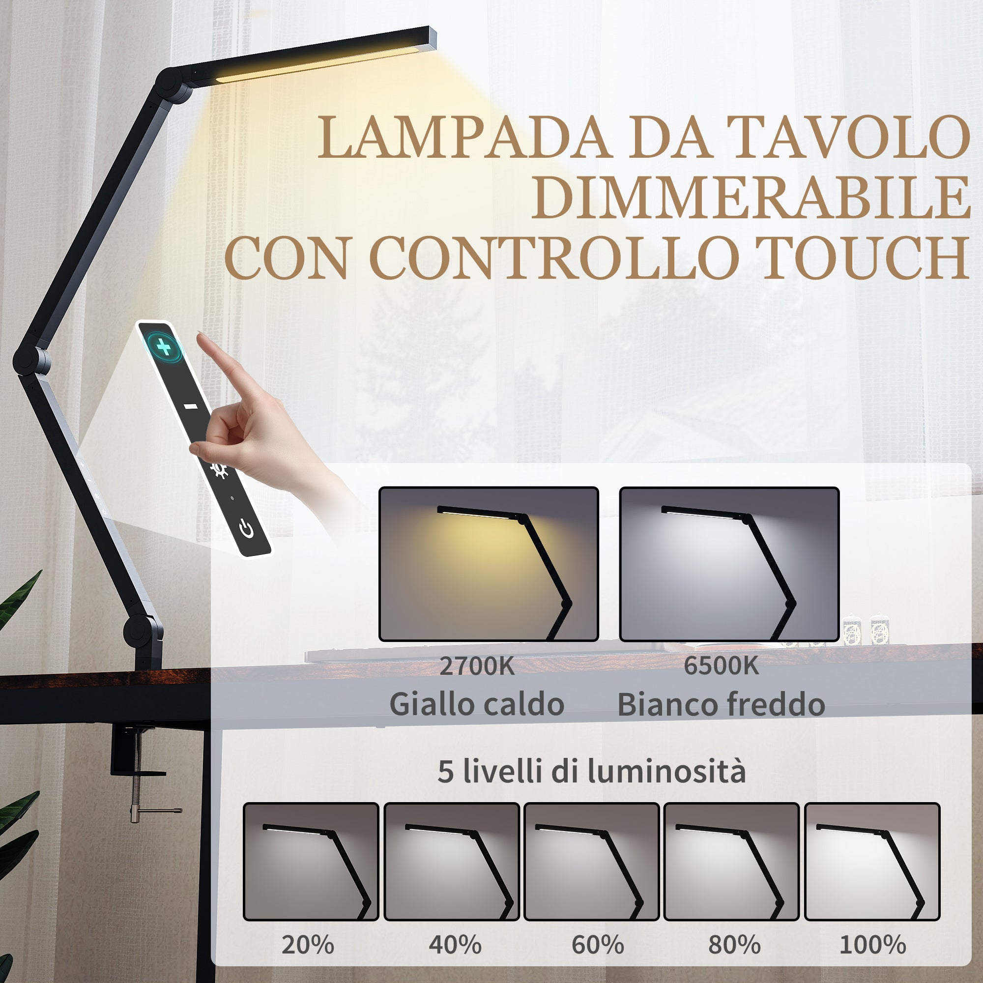 Lampada da Scrivania LED Dimmerabile con Morsetto e Braccio Regolabile Nero