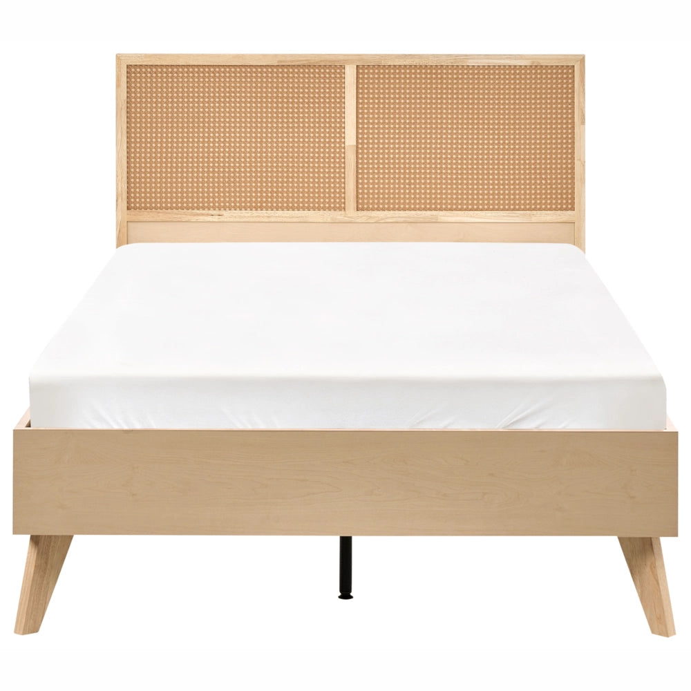 Letto matrimoniale in legno di gomma con testiera in vimini marrone chiaro 120 x 200 cm stile boho minimalista
