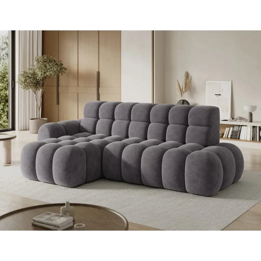 Divano ad angolo convertibile BULLA 3 posti grigio - tessuto effetto alcantara con estensione della seduta elettrica