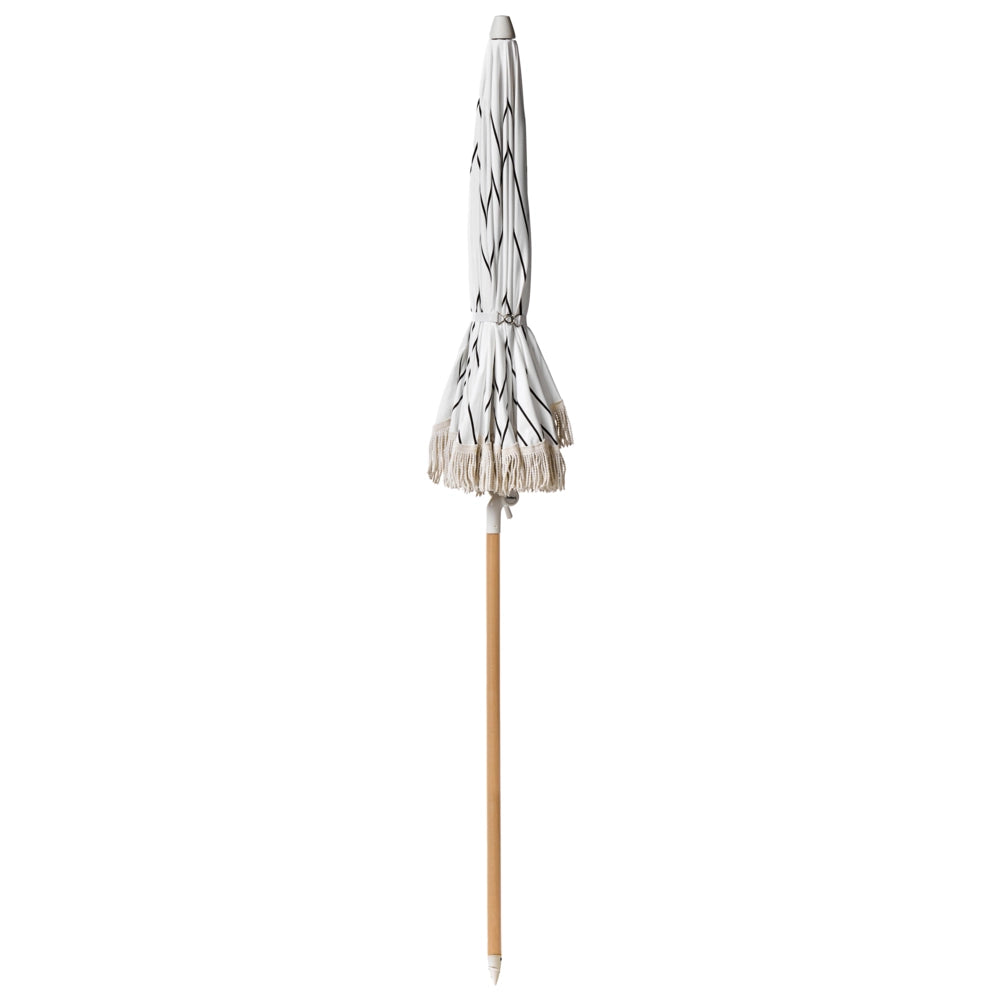 Ombrellone giardino tessuto nero e bianco palo in legno faggio 150 cm Ombrellone esterno rotondo giardino retrò inclinabile resistente ai raggi UV
