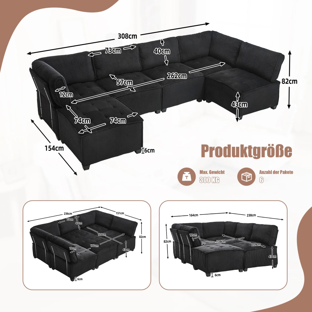OKWISH Divano Modulare 6 Posti, Configurazione a U o L e Funzione Letto, Tasche Laterali, Velluto a Coste, Nero