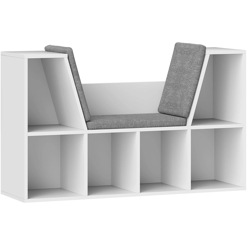 Libreria con seduta imbottita e 6 vani, bianca, 105x30x63 cm