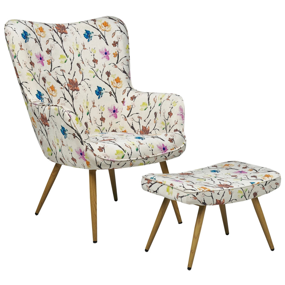Sedia Wingback con tessuto ottomana color crema abbottonato motivo floreale in stile retrò