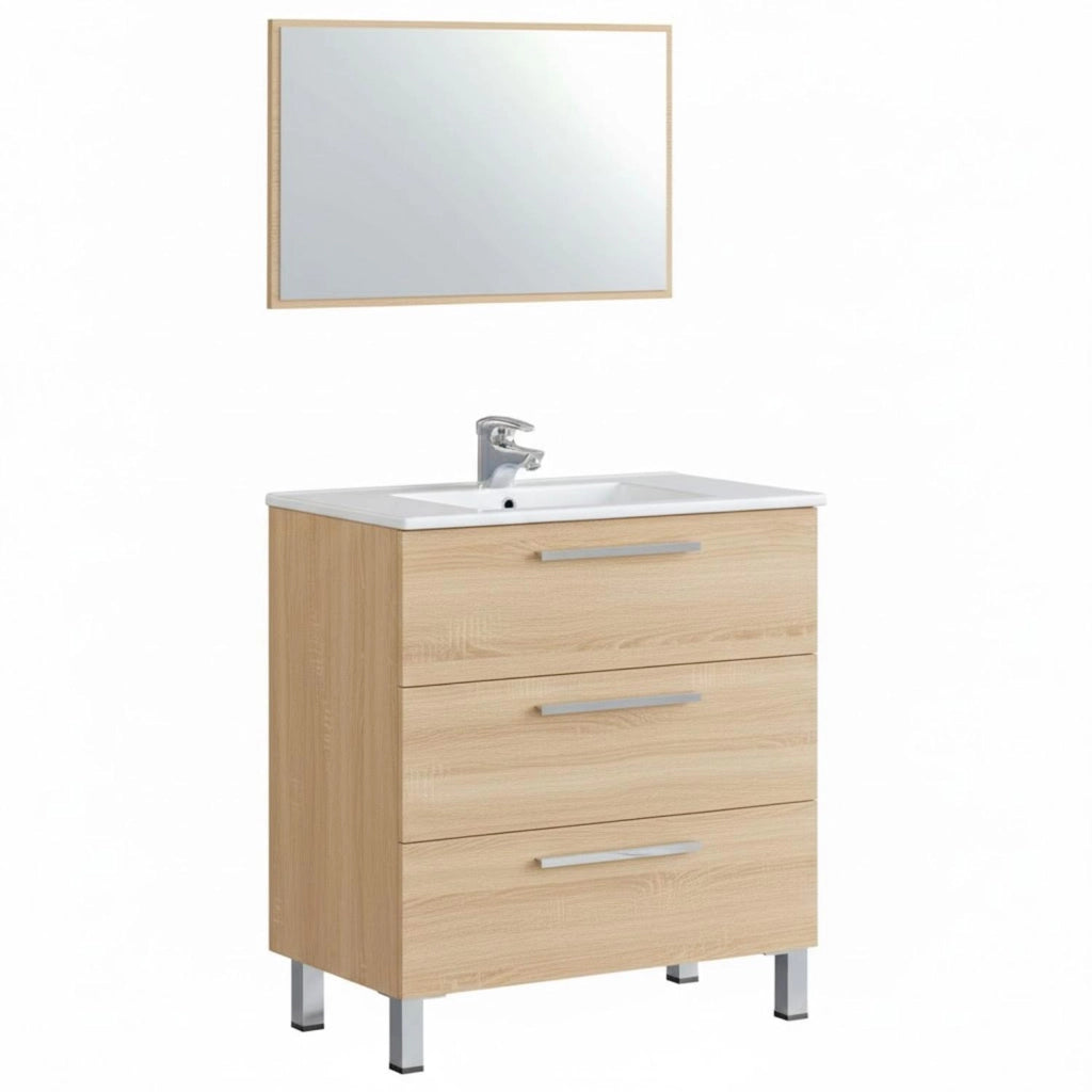 Mobile Bagno A Terra Con 3 Cassetti E Lavabo In Ceramica Con Specchio Incluso Design Moderno Salvaspazio Elegante E Funzionale 77 X 50 Cm 80 X 45 X 86 Cm Rovere Chiaro