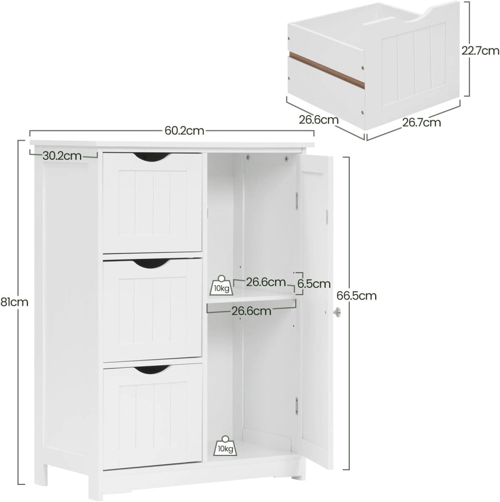 Mobile da Bagno Bianco Con 3 Cassetti e 2 Scomparti Regolabili, Portaoggetti per Camera da Letto/Corridoio/Cucina, 60x30x81cm
