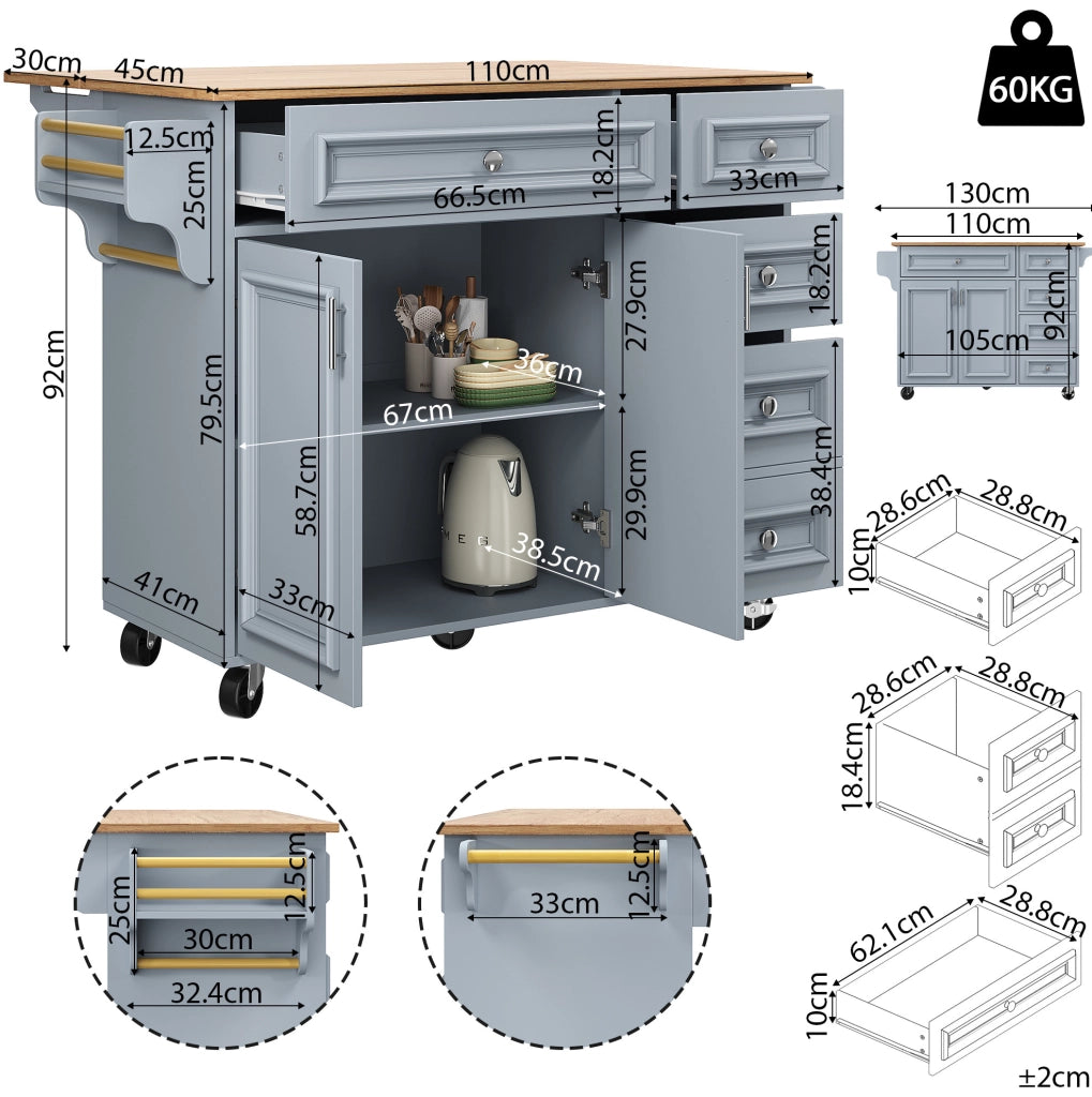 Isola da cucina 110x75x92 cm pieghevole con cassetti in MDF azzurro baby
