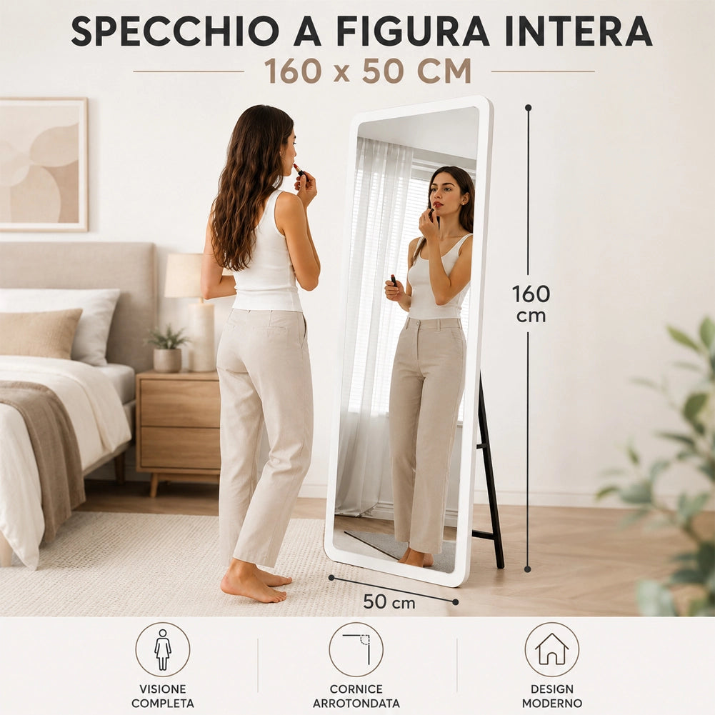 Specchio Doppia Installazione Bianco Parete o Indipendente Moderno 160x50 cm