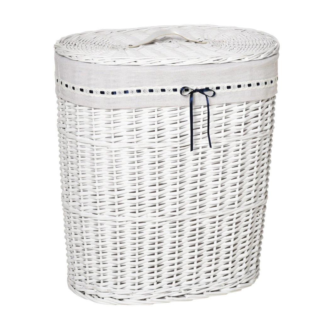 Cesto Portabiancheria 51x38x57 cm in Vimini con Coperchio e Sacco Interno Bianco