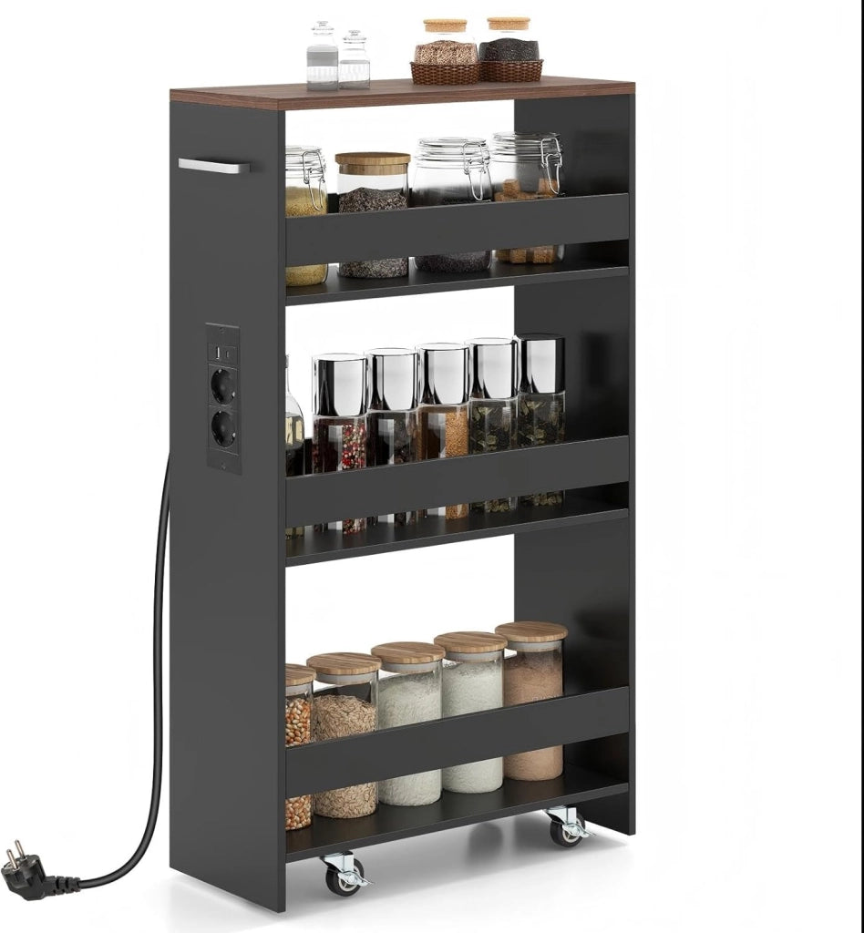 Carrello Portaoggetti a 4 Ripiani con Ruote Rirevoli a 360°, Carrellino Scorrevole con Maniglia Slim, da Bagno, Cucina, Lavanderia, 47,5 x 20 x 80,5 cm (Nero e Naturale, Con Presa)