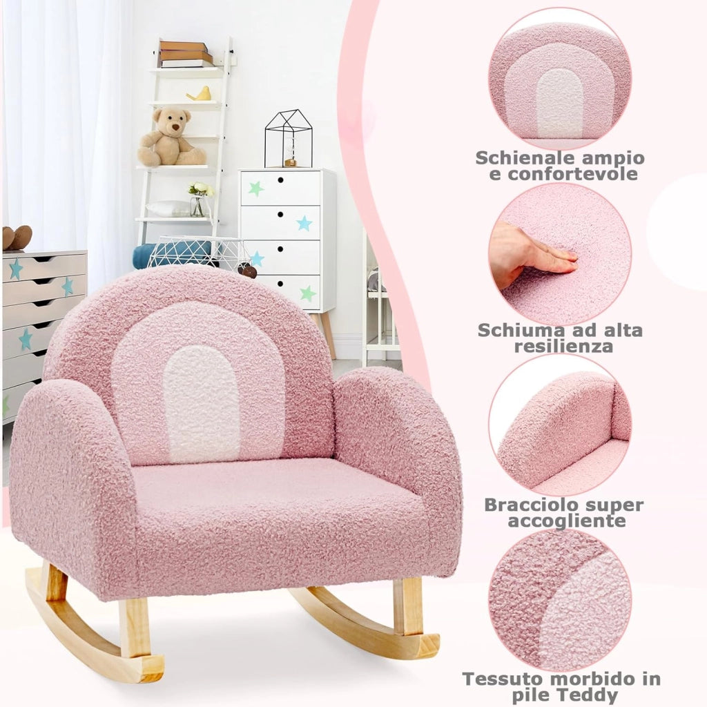 Sedia a Dondolo per Bambini con Gambe in Legno Massiccio, Poltrona a Dondolo per Bambini con Cuscinetti Antiscivolo, per Stanza dei Giochi, Camera da Letto, Scuola Materna (rosa)
