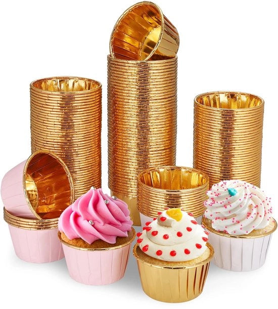 Cupcakevormpjes in forma di cupcake 150 pezzi - Torte senza grassi - Mini muffinetti - Bakeware a forma di cupcake in oro/rosso/bianco - 68/50 mm - Imprimiti a prova di acqua e olio - Forme per torte in forma di cupcake