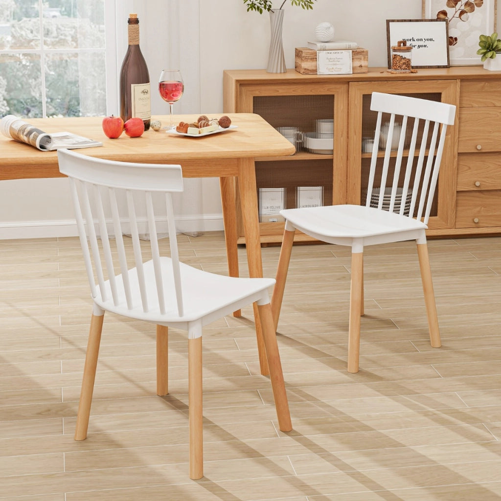 Set di 4 sedie da pranzo windsor con sedili curvati, Sedie laterali senza braccioli con gambe in legno Bianco-Sedie da pranzo