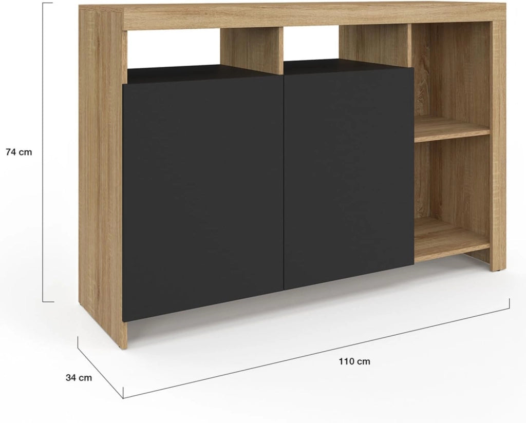 Credenza MALO 110 cm con legno effetto faggio e ante nere