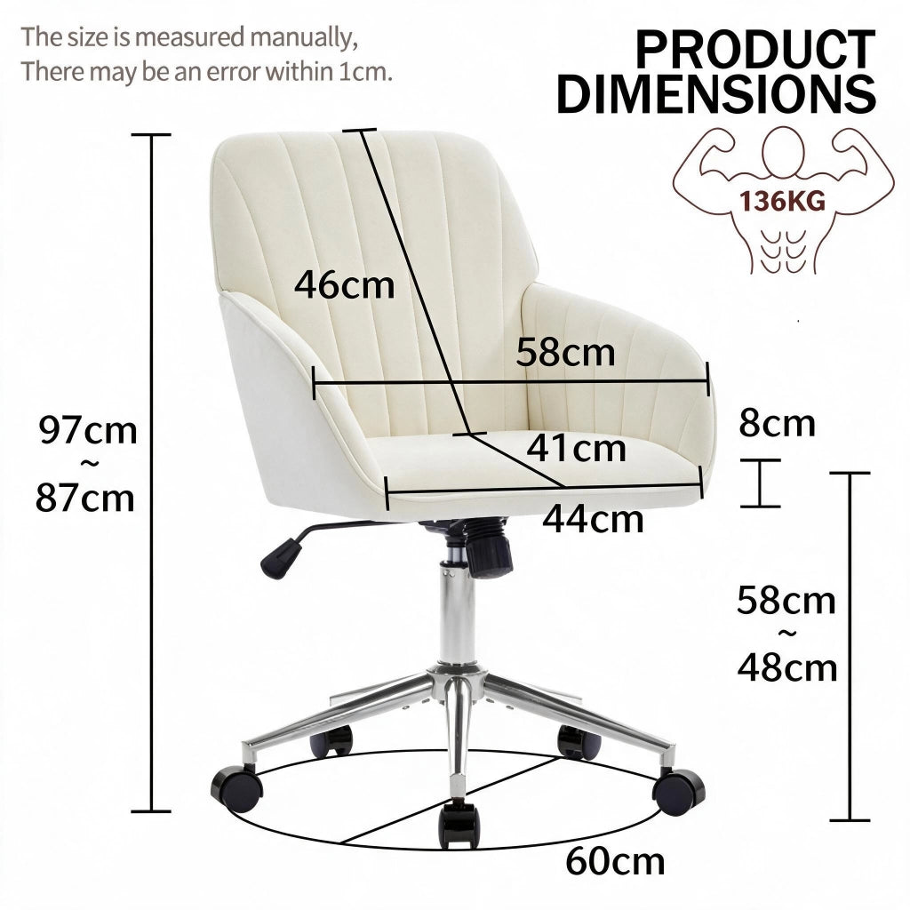 Sedia da ufficio girevole ergonomica con altezza regolabile schienale avvolgente e ruote in velluto bianco per casa