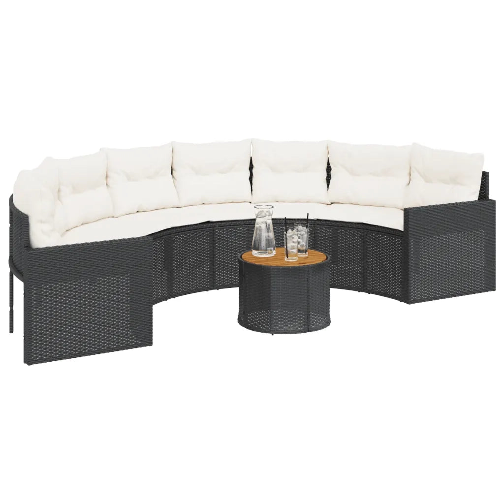 Divano Giardino Tavolo e Cuscini Semicircolare Nero Polyrattan