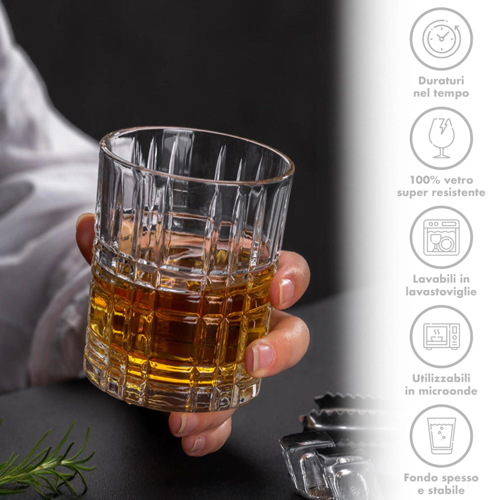 Set 6 Bicchieri Da Whisky 31Cl In Vetro Resistente Lavorato Bicchiere Design Moderno Cucina Acqua Cocktail Rum Certificati Contatto Alimentare Lavastoviglie Microonde Bar Ristorante Augusta