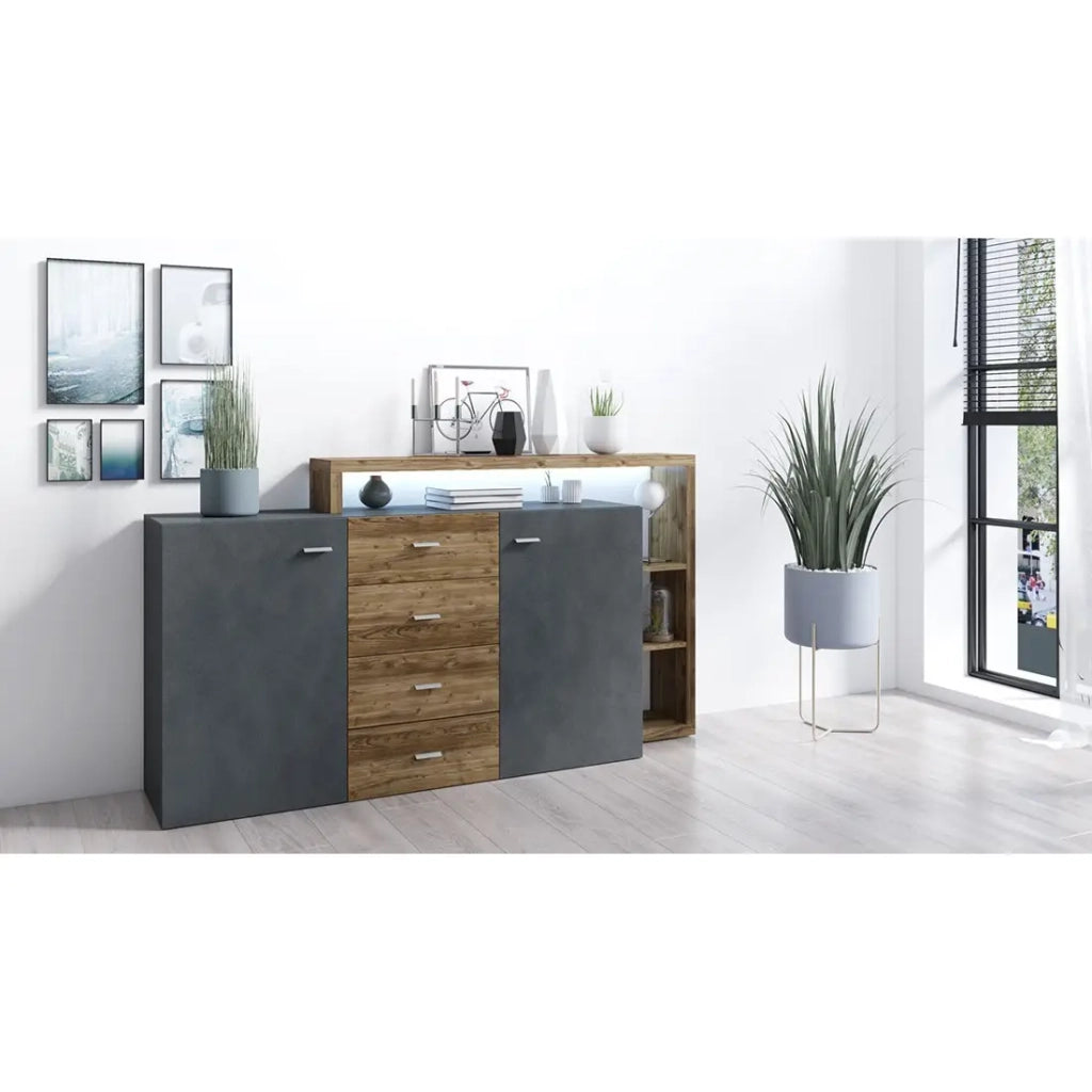Credenza con scaffale integrato collezione BERGAMO 180cm. Colori grigio e rovere scuro.