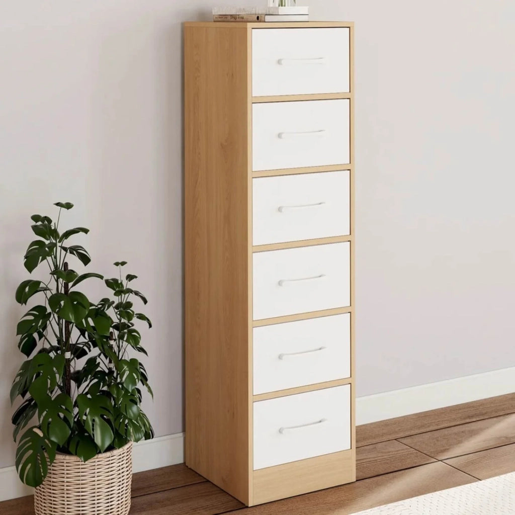 IDMarket - Mobile ausiliario a 6 cassetti UPPAH, cassettiera da 30 cm, mobile contenitore in legno effetto faggio e bianco