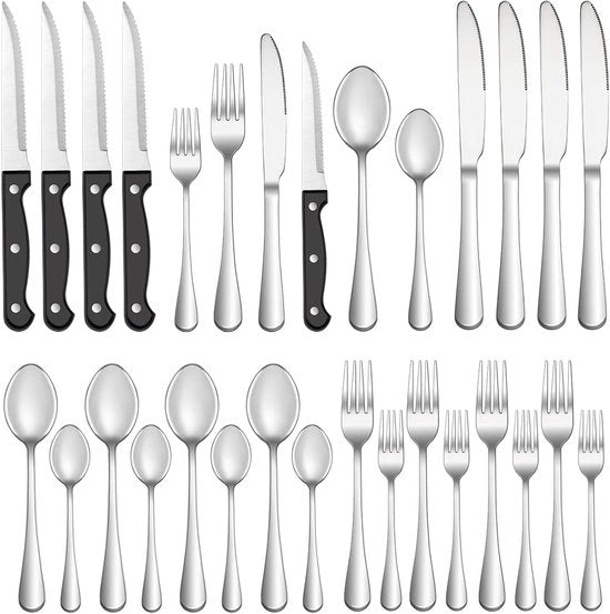 Set di 24 pezzi di posate con coltelli per steak, per 4 persone, posate in acciaio inossidabile, posate lucidate a specchio, set di posate per uso domestico, set di forchetta, coltello e cucchiaio, resistente al lavastoviglie