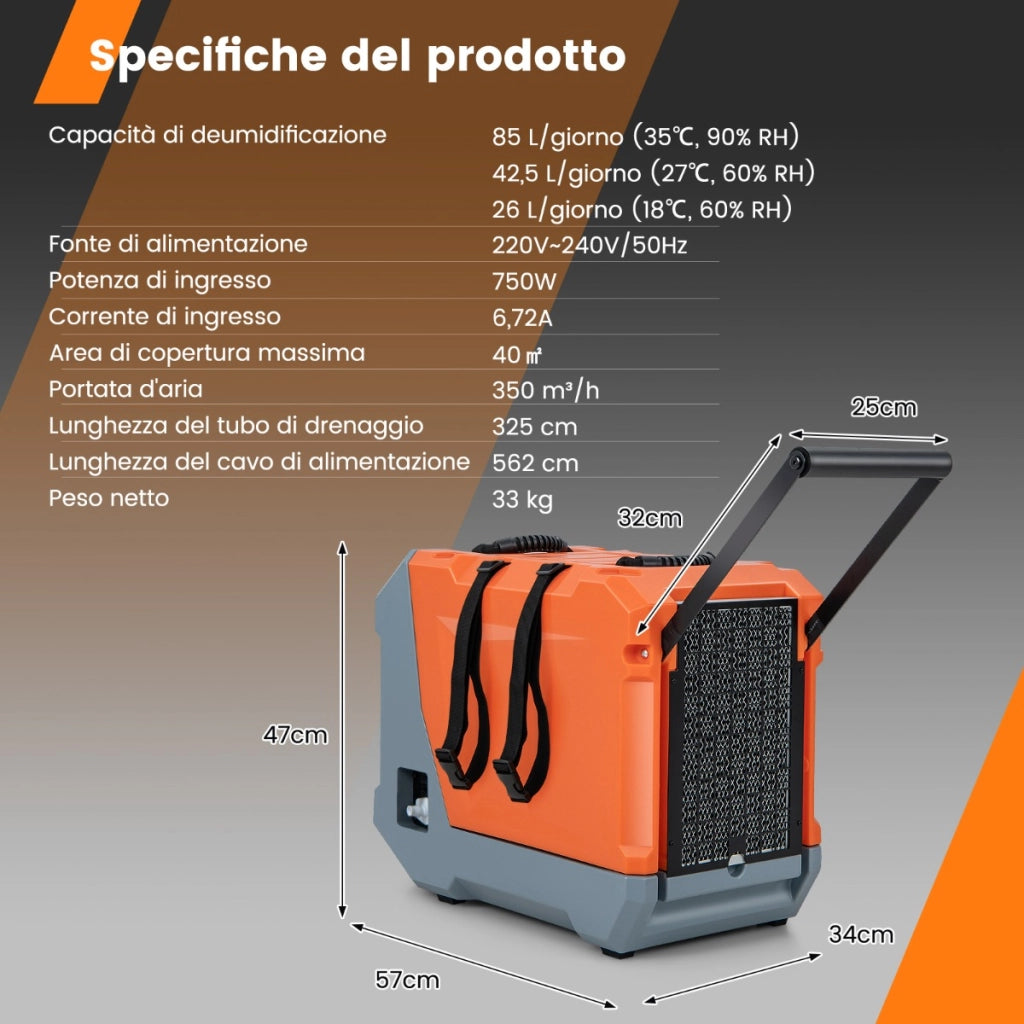 Deumidificatore commerciale da 85L/giorno con pompa e tubo di scarico, Deumidificatore per spazi ristretti Arancione-Controllo climatizzazione