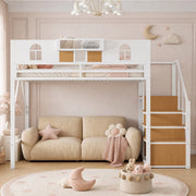 Letto a soppalco in metallo con scala contenitore; 140x200 cm; bianco; con ripiani