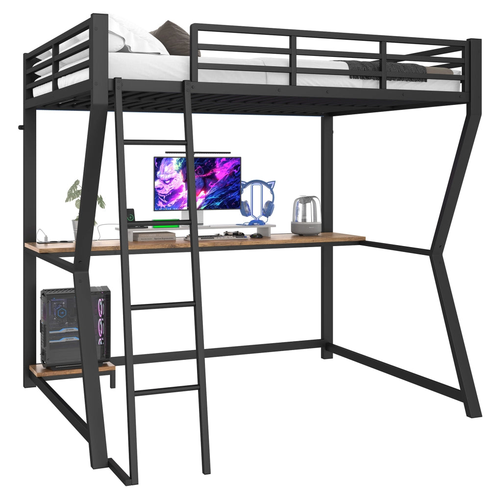 Letto a soppalco 140x200 cm con scrivania; LED e prese USB in metallo nero