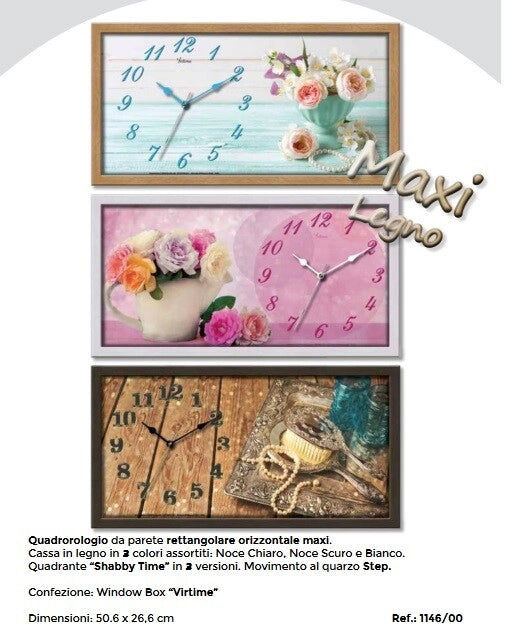 Orologio  da Parete quadro maxi in legno shabby Rettangolare 3 Decori