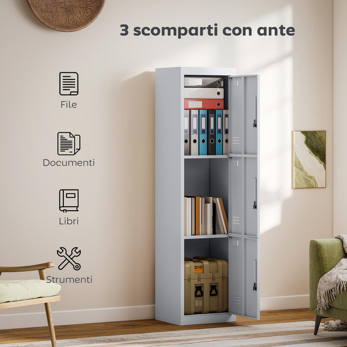 Armadio per Ufficio 45x38x180 cm a 3 Porte Indipendenti con Serratura e 2 Chiavi in Acciaio Grigio Chiaro