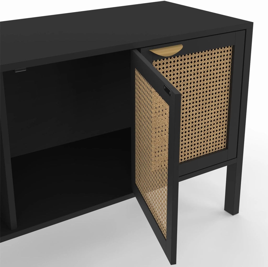 EDHEN 110 cm Credenza bassa a 3 ante in legno nero e canna da zucchero