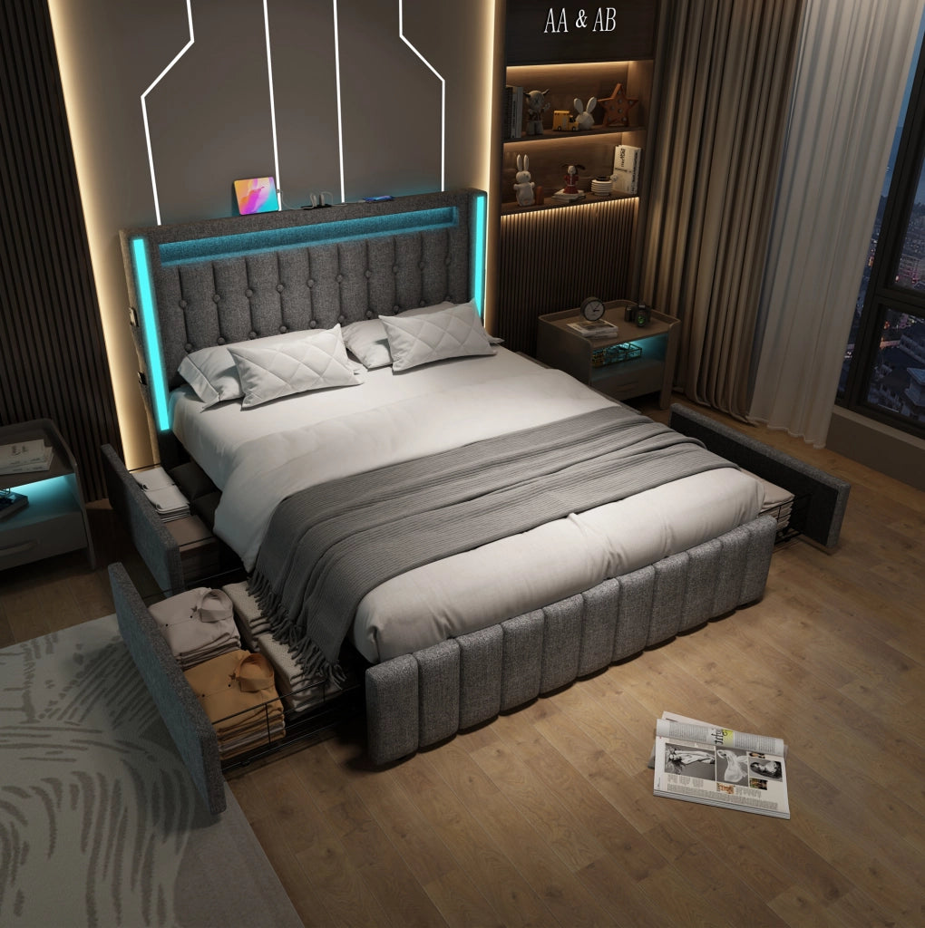 Letto imbottito 160x200 cm grigio con LED, ricarica USB-C e 4 cassetti