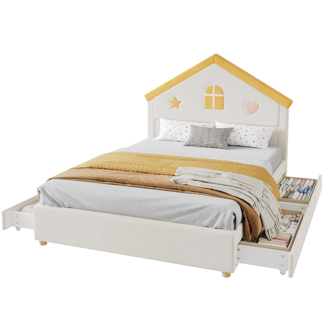 Letto per bambini 140x200 cm imbottito beige con 4 cassetti e testiera a casetta HAVRYA