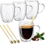 Set di 4 bicchieri in vetro a doppia parete da 350 ml - bicchieri in vetro trasparente con manico per bevande calde - bicchieri in vetro termoresistente per latte, cappuccino e tè
