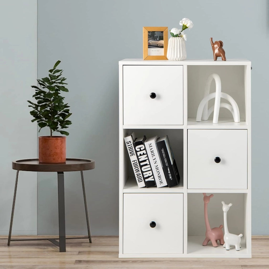 Libreria con Cassetti, Scaffale a 4 Livelli con Dispositivo Anti-Bascolare, Armadio a 6 Cube, Espositore Moderno per Soggiorno/Camera/Ufficio, 2 Colori