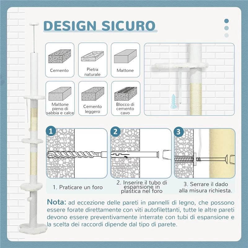 ALBERO PER GATTI A SOFFITTO CON ALTEZZA REGOLABILE E PALI TIRAGRAFFI IN COTONE 48X32X225-255 CM BIANCO
