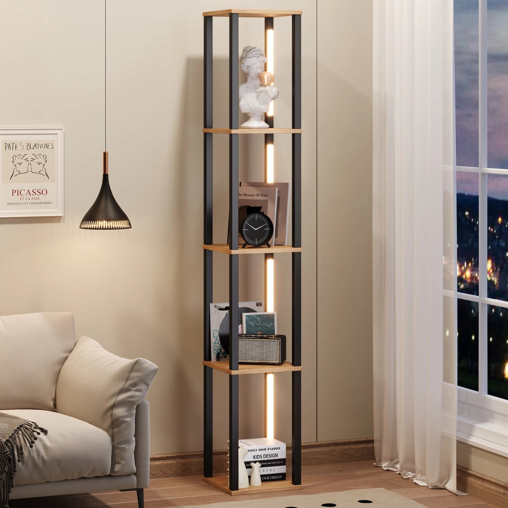 Libreria illuminata a 4 ripiani 26 x 26 x 165 cm, MDF, design moderno minimalista, LED a tre tonalit¨¤, nero e effetto legno