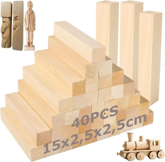 Blocchi di legno di tiglio 40 pezzi - Dimensioni 15 x 2,5 x 2,5 cm - Blocchi di legno non finiti - Materiale per lavorazione del legno - Artigianato - Adatto per giochi per bambini - Materiale per lavorazione del legno