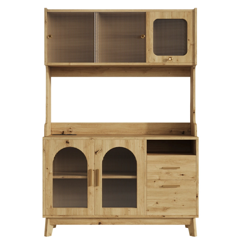 Credenza alta 120x40x178 cm con prese integrate e porte USB, effetto legno