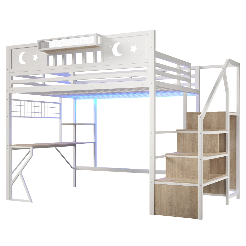 Letto a soppalco 140x200 con scrivania in metallo e MDF; LED; USB e scaffali; bianco