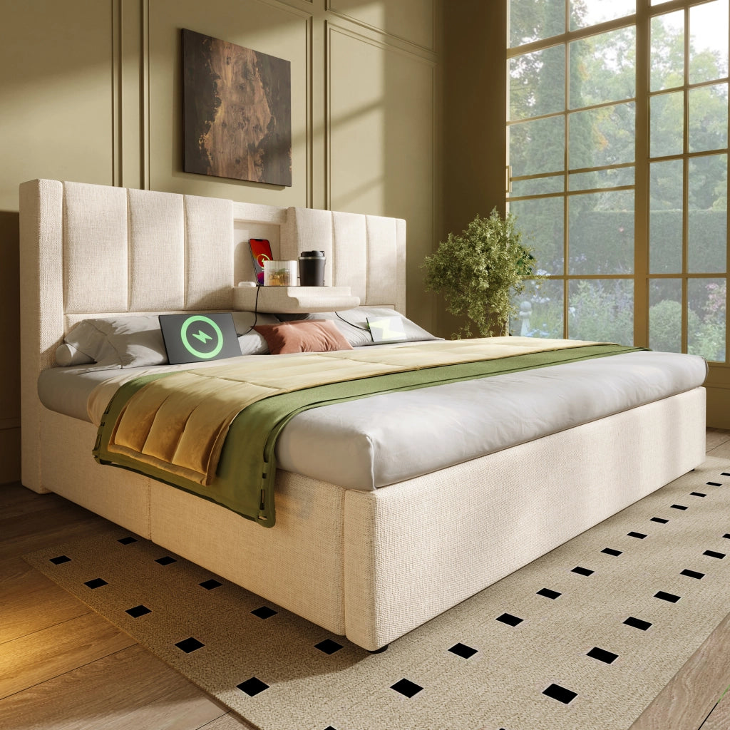 LETTO Contenitore 180x200 cm Beige in Lino con USB e portabicchieri