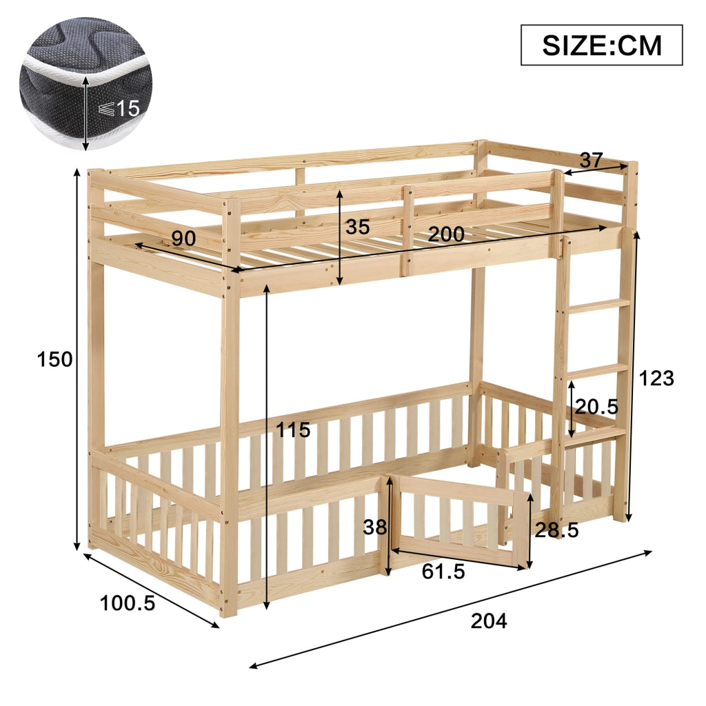 OKWISH Letto a Castello 90×200 cm, Letto Singolo con Scala Dritta, Sponde e Porta, senza Materasso, in Legno Massello, Naturale