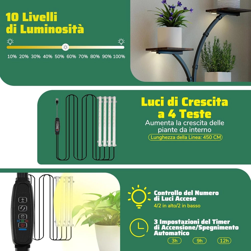 Scaffale per Piante da Interno ed Esterno, Porta Piante con Luci di Crescita, 8 Ripiani in Metallo ad Angolo, Porta Vasi per Balcone, Giardino e Soggiorno, 67 x 30 x 146 cm (1)