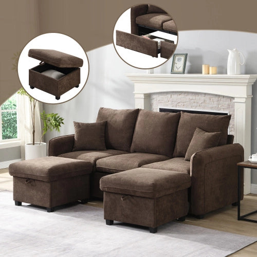 OKWISH Divano ad Angolo Modulare 3 Posti, Funzione Letto con Contenitore e 2 Pouf, Ciniglia e Schiuma, Marrone Antico