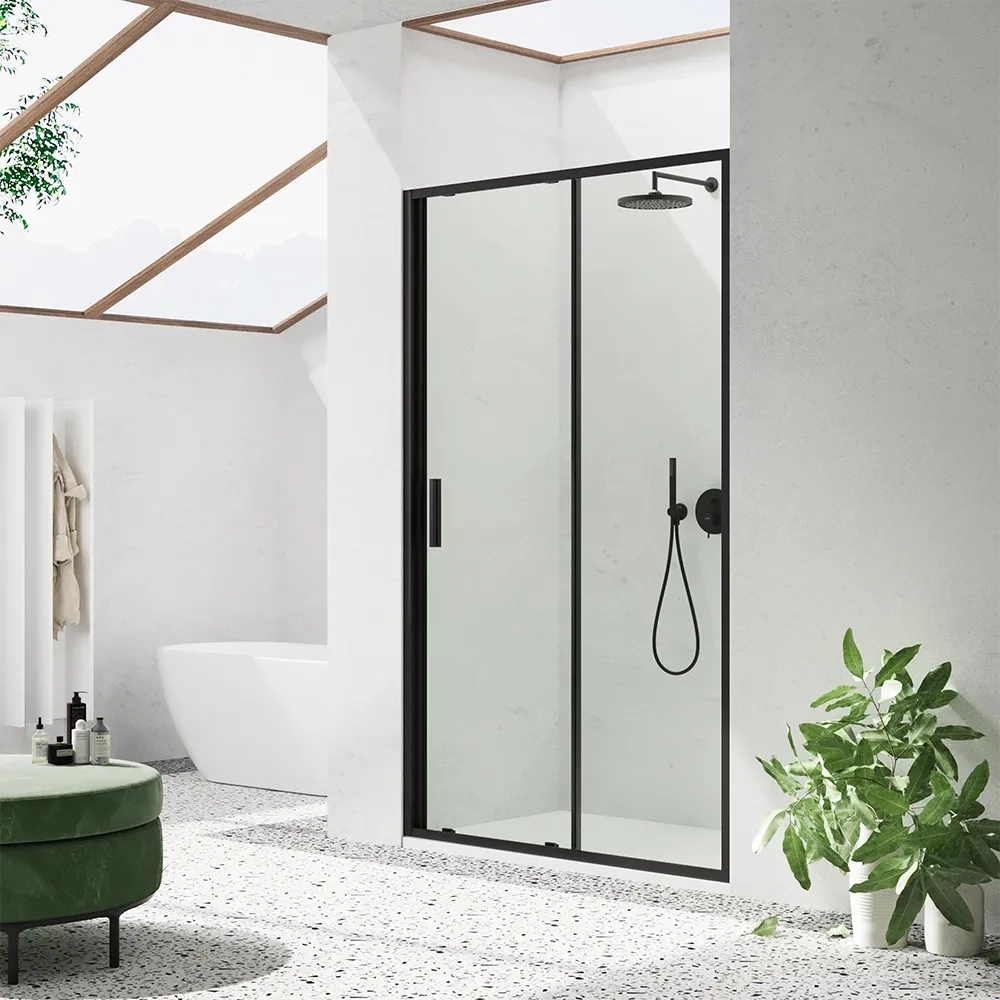 Porta doccia 140cm profili slim nero opaco vetro 6mm trasparente h190 | Portofino